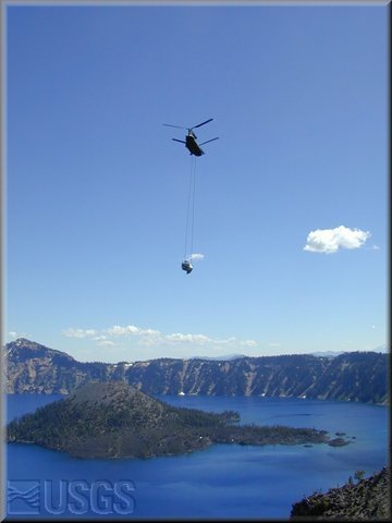 Chinook helicopter airlifted reseach boat into Crater Lake.