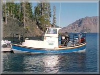 Research boat moored on the south side of Wizard Island, July 2000.