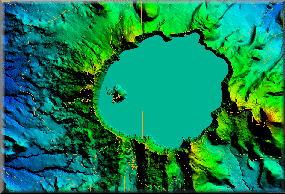 Road DLGs draped over DEMs of Crater Lake West and East quads.