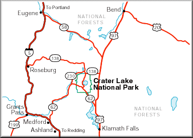 Road map of Crater Lake National Park and vacinity.