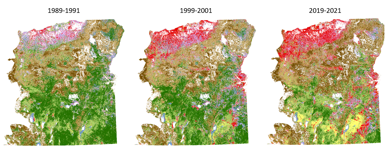 Thumbnails of three ecostate maps (1989 to 1991, 1999 to 2001, and 2019 to 2021)